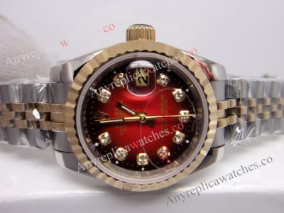 Copy Rolex Datejust Watch 2-Tone Jubilee Red Diamond Markers for Women